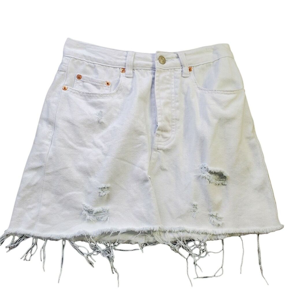 Signature8 White Button Fly Distressed Mini Short Skirt Small Pockets